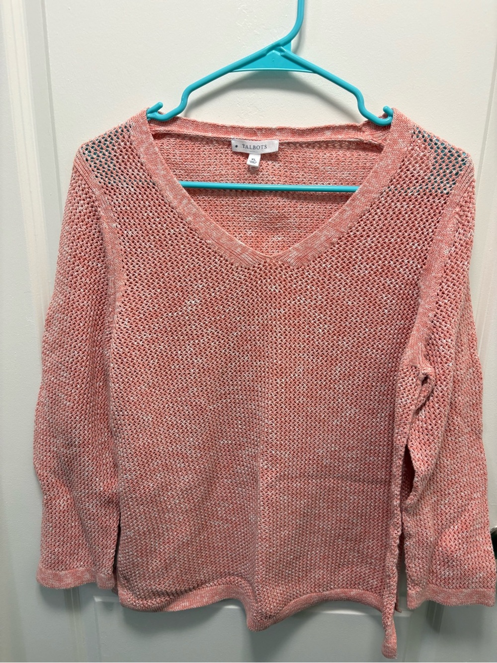 Talbots Coral Pink Space-Dye Open Knit V-Neck Mesh Sweater
